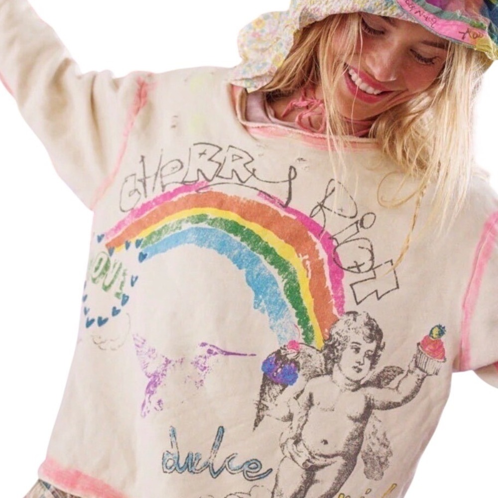 Magnolia Pearl Cherry Riot Hermosa Sweatshirt Distressed Rainbow Cherub NWOT